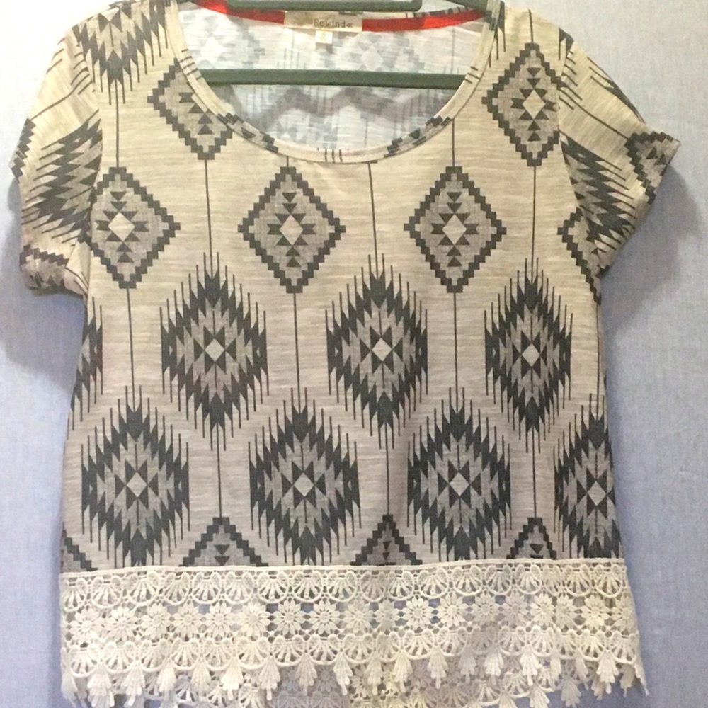 *3 for $20* Rewind Aztec Print Tee w/lace trim